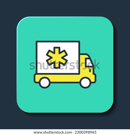 Filled outline Ambulance and emergency car icon isolated on blue background. Ambulance vehicle medical evacuation. Turquoise square button. Vector