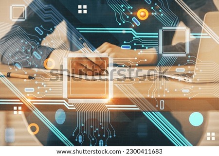 Human's hands with tech theme double exposure icons. Concept of big data.