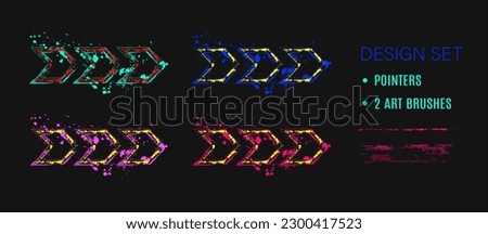Set of outline arrow, pointer icons, grunge art brushes. Arrowhead, movement direction, motion way. Fluorescent paint brush strokes, splattered paint of neon bright colors. Virtual abstract clip art