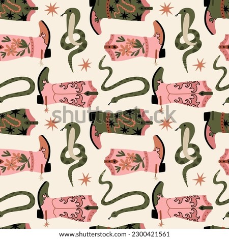 Rodeo boots pattern. Wild west seamless texture. Western footwear and snake. Pink stylish leather shoes vintage style for cowgirl. Contemporary print. Decor textile, wrapping paper, wallpaper, vector Royalty-Free Stock Photo #2300421561