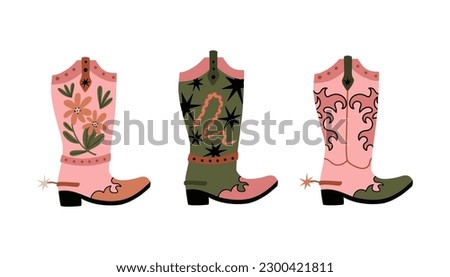Rodeo boots. Wild west accessory. Western footwear. Pink stylish leather shoes vintage style for cowgirl. Element for design. Modern drawing. Contemporary art vector cartoon flat style isolated set Royalty-Free Stock Photo #2300421811