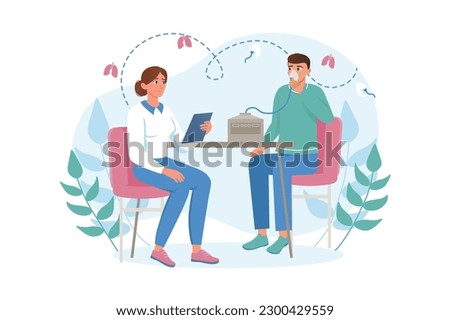 Inhalation medicine concept with people scene in the flat cartoon design. The nurse monitors the patient's inhalation. Vector illustration.