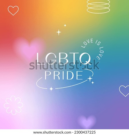 Pride Month, banner, greeting card, poster, cover. LGBT colorful rainbow concept. Trendy blurred gradient, geometric shapes, typography, y2k background. Social media template. Royalty-Free Stock Photo #2300437225