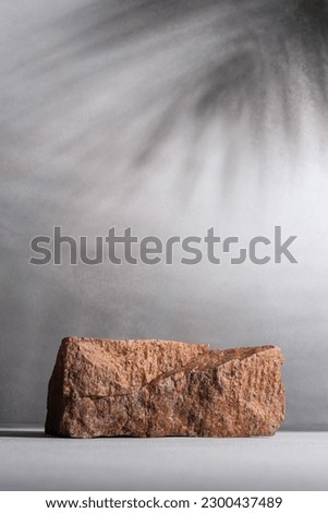 Product display with gray concrete texture and stone podium with palm leaves shadow on background. Natural beauty pedestal in sunlight.