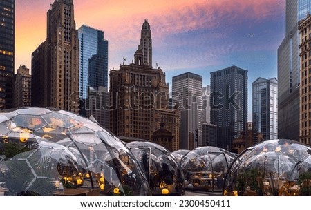 Cityscape of Chicago Riverwalk at Dusable bridge over Michigan river , Chicago city, USA Royalty-Free Stock Photo #2300450411