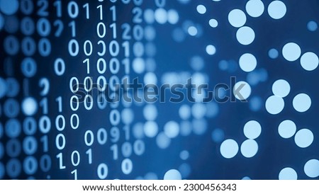 Blue digital binary data code on screen. Abstract tech binary code background in color blue, digital binary data and secure data concept. Close-up shallow DOF. Digital binary code matrix background