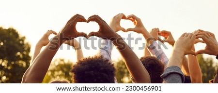 People show gesture of love. Hands of multiracial friends standing in sunny park and showing shape of heart made by fingers. People express love on background of bright sky. Panoramic image.Web banner