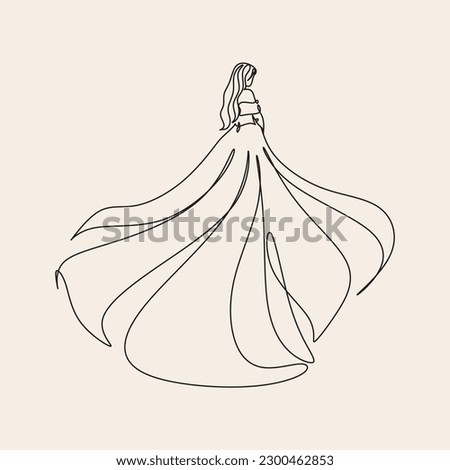 Beautiful woman in long flowing dress in continuous line art drawing style. Girl wearing luxury evening or bridal gown. Minimalist black linear sketch isolated on white background. Vector illustration Royalty-Free Stock Photo #2300462853