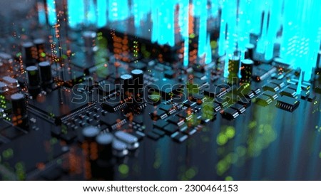 3d illustration of various chips on a printed circuit board with a vivid effect  