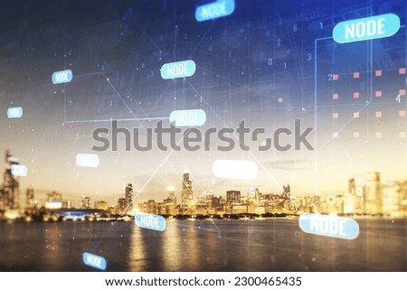 Abstract virtual coding illustration on Chicago cityscape background, software development concept. Multiexposure