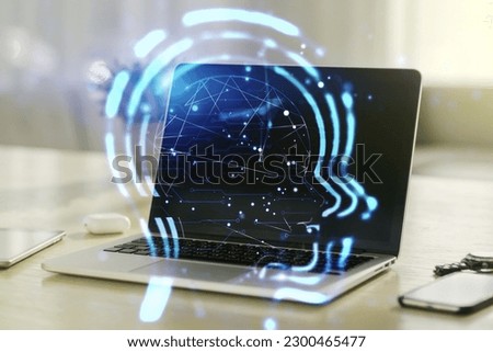 Creative artificial Intelligence concept with human head sketch on modern computer background. Double exposure