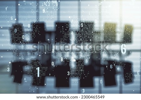Multi exposure of abstract creative coding sketch and world map on a modern conference room background, artificial intelligence and neural networks concept