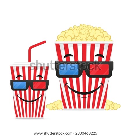 Cute Pop Corn Popcorn Bucket Box and Soda Cup Wear Cinema Movie 3D Glasses Cartoon Character. Cinema design in flat style. Smile. Movie time. Cinema poster. Vector illustration