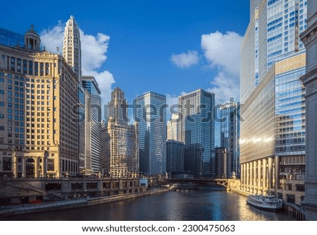 Cityscape of Chicago Riverwalk at Dusable bridge over Michigan river , Chicago city, USA Royalty-Free Stock Photo #2300475063