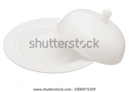 Top down view of a small empty  white round dish with lid on white background. Isolated on white. Cut out.  