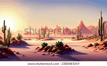 Desert background Summer with sun, sand, clouds, palms Trees Vector design style Nature Landscape. illustration desert oasis with cacti. Cacti flowers coming out of the ground with sand hills banner 