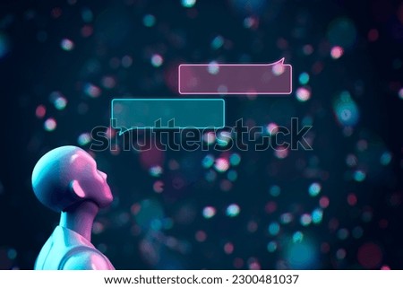 Chatbot artificial intelligence communication concept. Artificial intelligence represented by humanoid and speech bubbles. Cyberpunk color scheme with purple and blue colors. Royalty-Free Stock Photo #2300481037