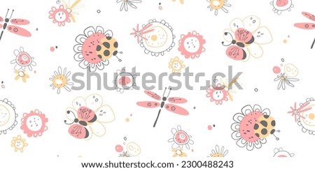 Simple Seamless Vector Pattern for Girls with Flowers, Ladybugs, Butterflies, and Dragonflies. Perfect for children's clothing, bedding or any other projects