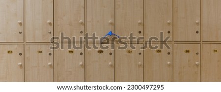 Photography of door cells for clothes in the changing room of the modern swimming pool. One of the doors is opening by key. Security theme. Panoramic