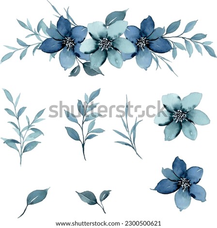 Set of watercolour floral illustration. Himalayan blue poppy flower. Hand drawn detailed botanical vector - for bouquets, wreaths, wedding invitations, anniversary, birthday, postcards, greetings.
