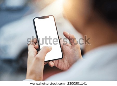 Mockup screen, phone and hands of woman in city for networking, online website and social media ui. Communication, mobile app and female person on smartphone for promotion, copy space and branding