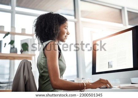 Business, search and woman with computer, report and financial update for startup success, screen or review stock market. Female accountant, online and investor with proposal for profit growth