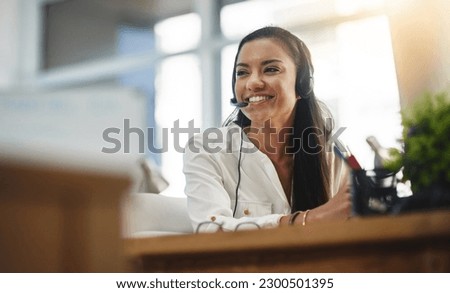 Communication, crm or happy woman in call center consulting, speaking or talking at customer services. Virtual assistant, friendly or sales consultant in telemarketing or telecom company help desk Royalty-Free Stock Photo #2300501395