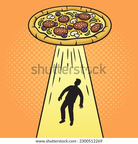 Pizza kidnaps human pinup pop art retro raster illustration. Comic book style imitation.