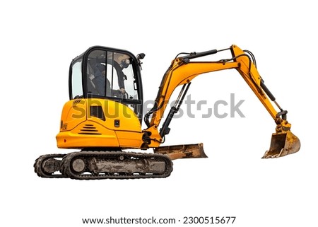 Small or mini yellow excavator isolated on white background. Construction equipment for earthworks in cramped conditions. Rental of construction equipment Royalty-Free Stock Photo #2300515677