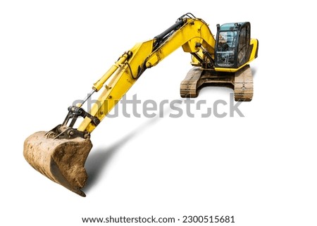 Crawler excavator with extended boom and big bucket isolated on white background. Powerful excavator with an extended bucket close-up. element for design. Rental of construction equipment Royalty-Free Stock Photo #2300515681