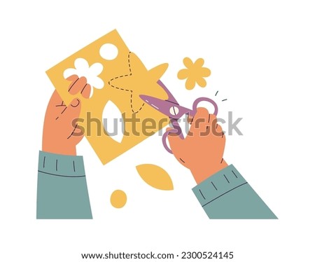 Small child hands cutting flowers from paper. Vector illustration