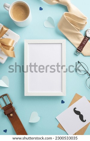 Elevate Father's Day with top vertical view of tie, watch, glasses, mustaches, belt, giftbox bow, envelope with postcard, coffee, photo frame on a beige background with empty frame for text or advert