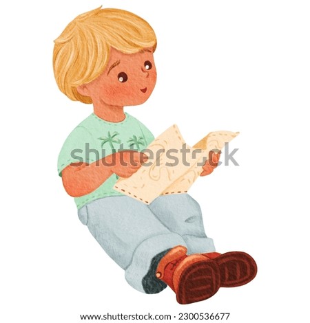 A little blonde tourist is sitting, looking at the map. Isolated watercolor illustration of a teenager. A character with a front view. workbook, notepad, printing, scrapbooking, design, exercise book