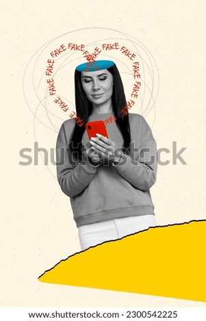 Vertical collage picture of black white gamma girl use smart phone heart shape fake information head isolated on painted background