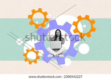 Artwork collage picture of delighted mini black white colors girl use netbook raise fists inside big cogwheel gear isolated on drawing background Royalty-Free Stock Photo #2300542227