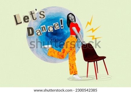 Photo collage slim lady dancing with chair furniture invite crowd people friends dance cool song retro picture background
