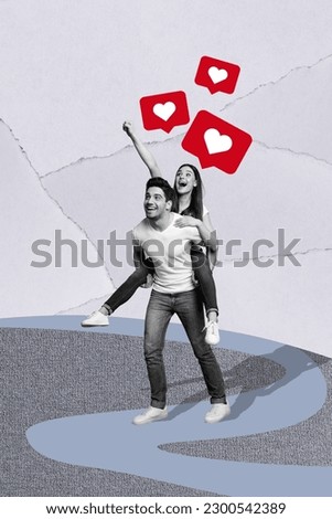 Vertical image collage young overjoyed couple guy carry girl piggyback rejoicing many likes new blog instagram twitter