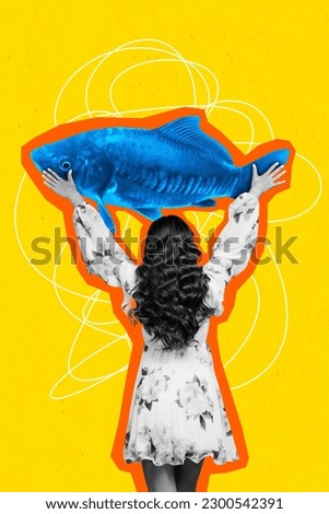 Photo collage artwork minimal picture of funny glamour lady holding huge fish isolated creative background