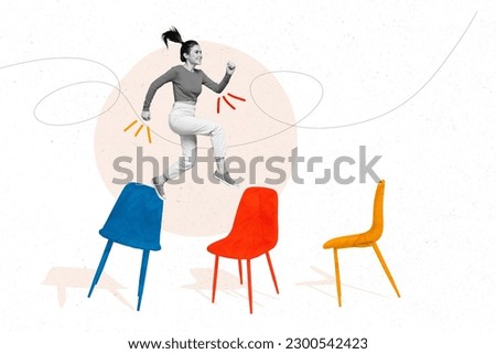 Photo cartoon comics sketch collage picture of carefree excited lady running colorful chairs isolated creative background
