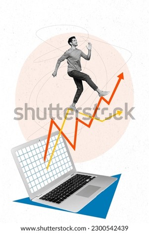 Vertical collage image of netbook display mini black white gamma guy run growing arrows upwards isolated on painted background