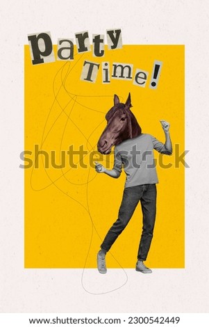 Vertical composite designed 3d collage unusual purebred head wild animal horse mammal party invitation isolated on yellow background