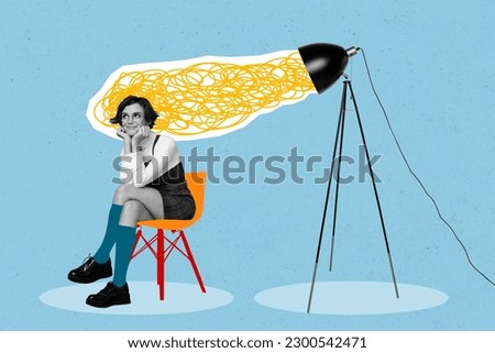 Collage picture of minded positive black white gamma girl sit chair under lamp light isolated on blue background Royalty-Free Stock Photo #2300542471