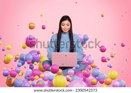 Poster banner template collage of business lady writing code make new cyberspace game with creative colorful blobs blotch