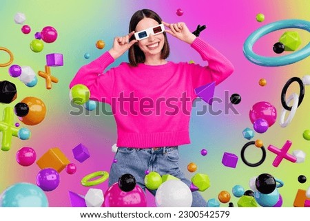 Photo colorful collage cartoon comics sketch picture of smiling lady watching 5d movie isolated drawing background