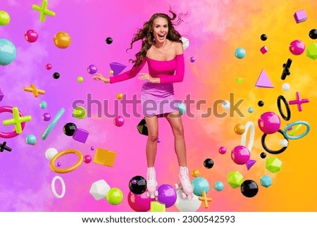 Creative psychedelic template collage of young lady play metaverse game complete hard level dancing roller skates on math symbols