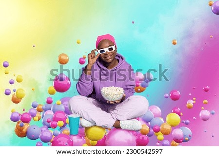 Photo colorful collage artwork minimal picture of smiling happy lady enjoying 3d movie isolated drawing background