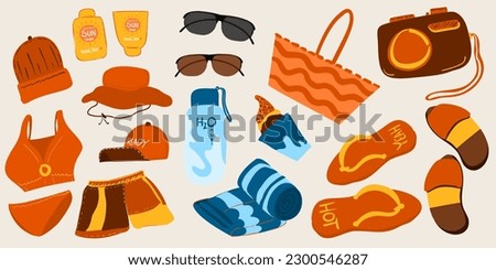 Summer and beach clip art set with cute illustrations for kids poster holiday vacation. Hand drawn of Sunglasses Sunscreen Hat cap towel Swimwear Bikini Short Pants Ice cream Water Flip flop Camera