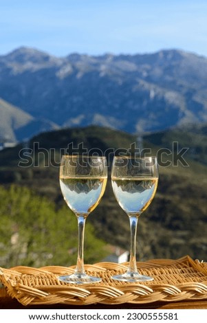 Tasting of swiss or savoy dry white wine with Alpine mountains peaks on background in sunny day