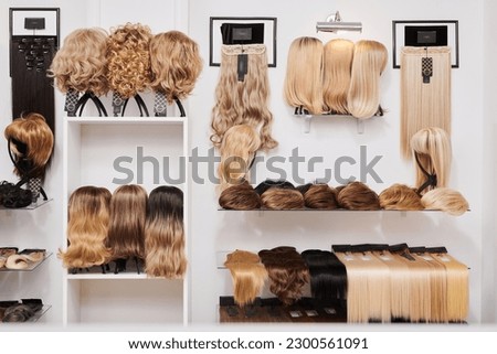 Showcase of natural looking wigs in different colors fixed on the metal wig holders in beauty salon. Row of mannequin heads with variation shades hair on shelf in wig shop
 Royalty-Free Stock Photo #2300561091