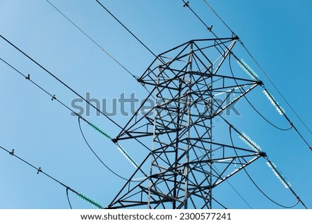 HIgh voltage transmission network lines in Australia . Double Circuit Steel pole transmission tower. Overhead transmission lines conductors. Electricity pylon Royalty-Free Stock Photo #2300577241